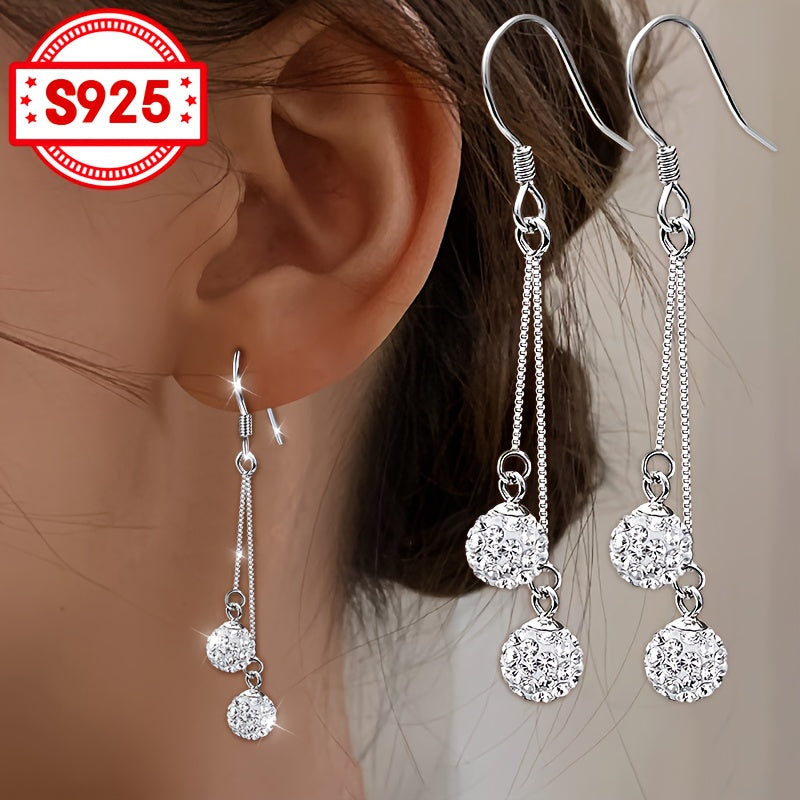 1 paire boucles d’oreilles pendantes pour femmes avec incrustation de 2 perles shamballa design à pompon blingbling en argent S925 accessoire élégant pour un usage quotidien cadeaux festifs mariages fêtes et banquets hypoallergénique
