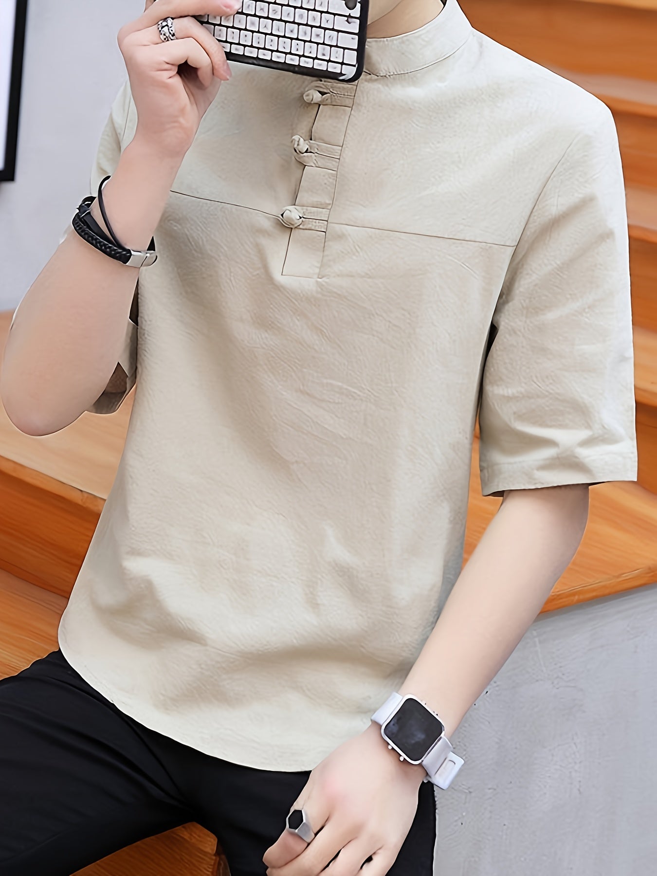 Men's Pure Cotton Chinese Style Stand Collar Top Summer Short Sleeve T-Shirt High End New Traditional