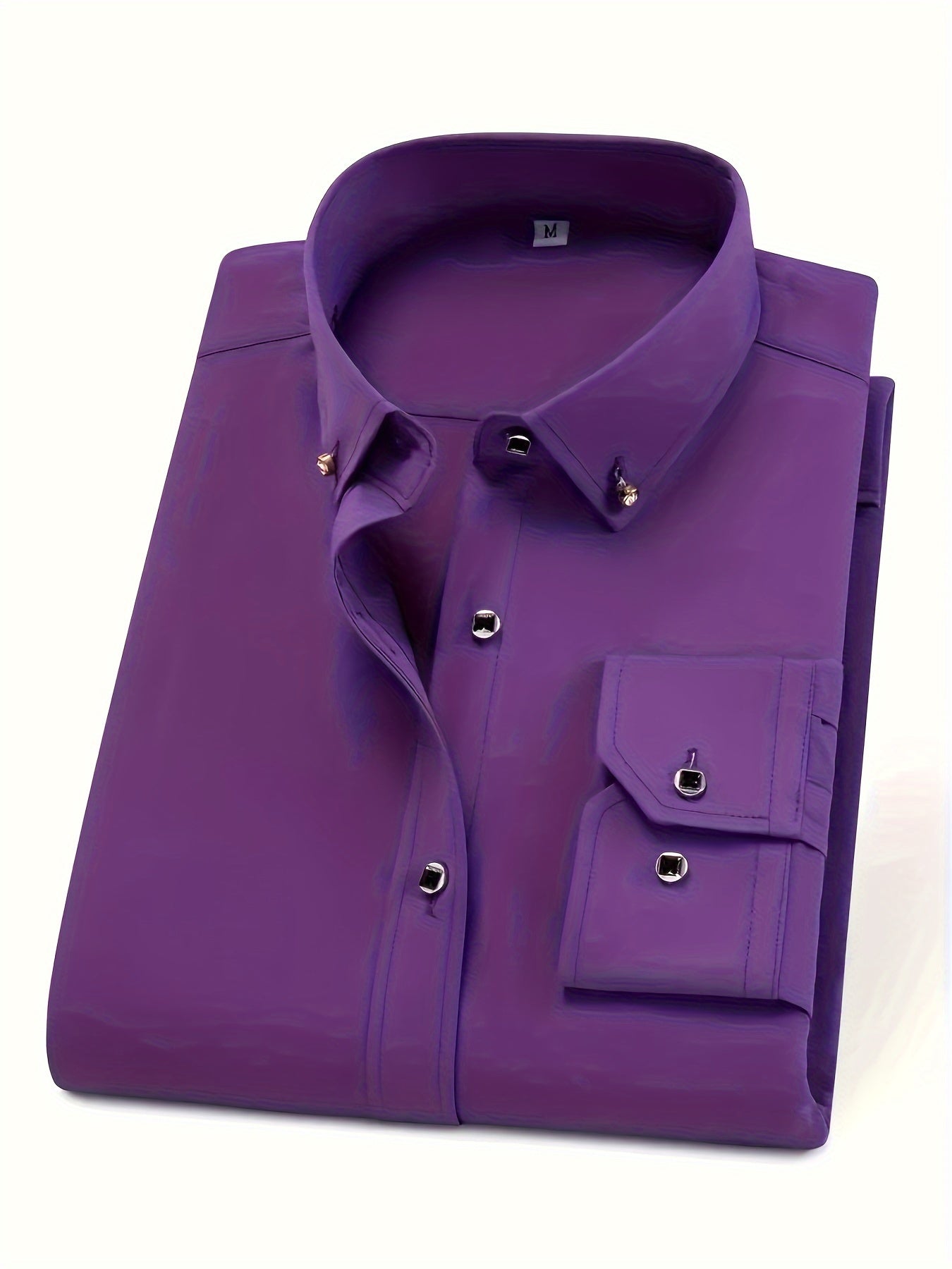 Spring and Autumn Long-Sleeve Shirt for Men, Stylish Business Casual Wrinkle-Resistant Dress Shirt with Diamond Buttons, Regular Fit Solid Color