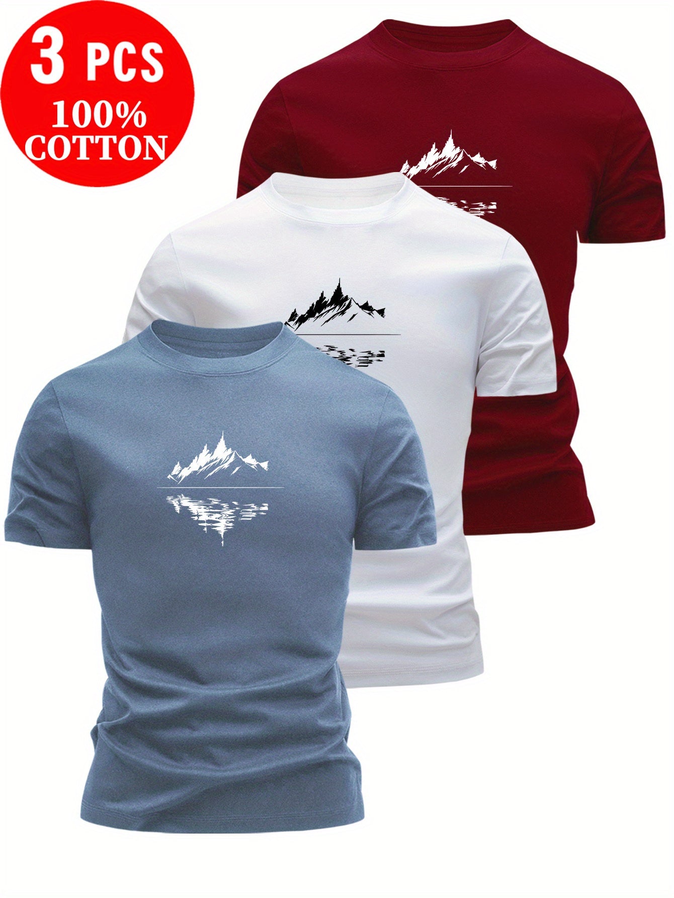 3pcs Men's 100% Cotton T-Shirts with Mountain Landscape Print - Slim Fit Short Sleeve Round Neck Breathable Summer Tees in White, Red, Blue | Casual Outdoor & Casual Attire, Hand Washable, Nature-Inspired Design, Shirts for W