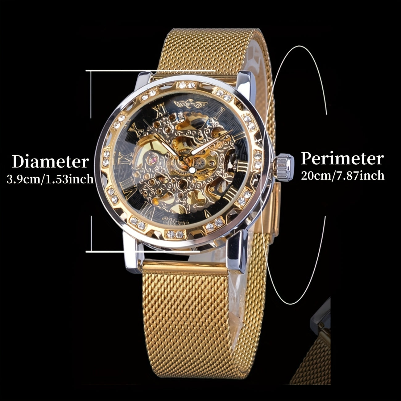 Elegant Men'S Mechanical Watch with Rhinestone Accents & Hollow Mesh Band - Stainless Steel, Zinc Alloy Case, Business Style, Self-Winding Movement, Pointer Display, No Battery Needed, Business Watch | Elegant Watch | Durable