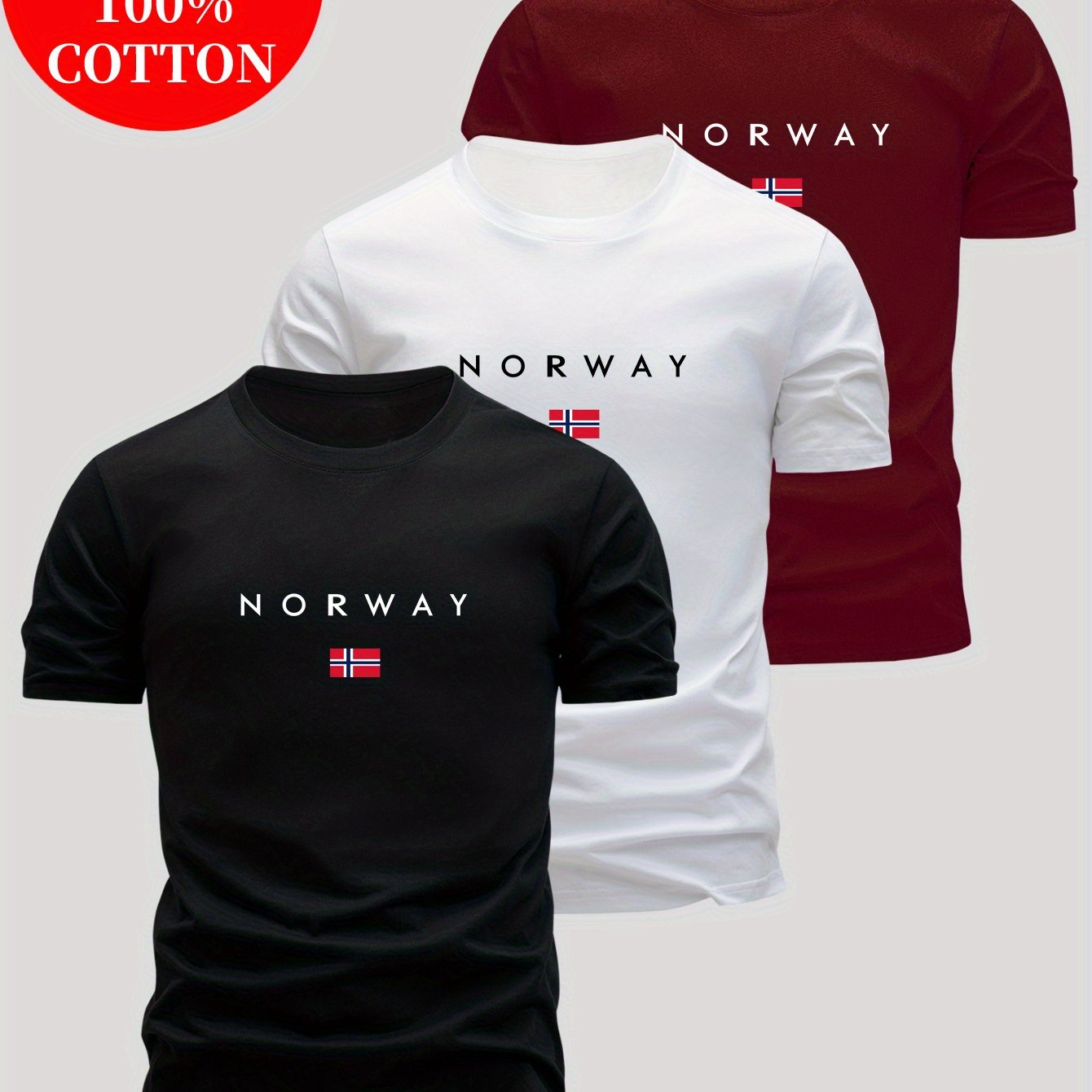 3pcs Men'S 100% Cotton T-Shirts - Breathable & Sweat-Wicking, Slim Fit Crew Neck Short Sleeve Tees with "NORWAY" Graphic Print, Casual Summer Tops in Black, White & Grey, Sweat-Resistant, Lightweight & Comfortable for Casual