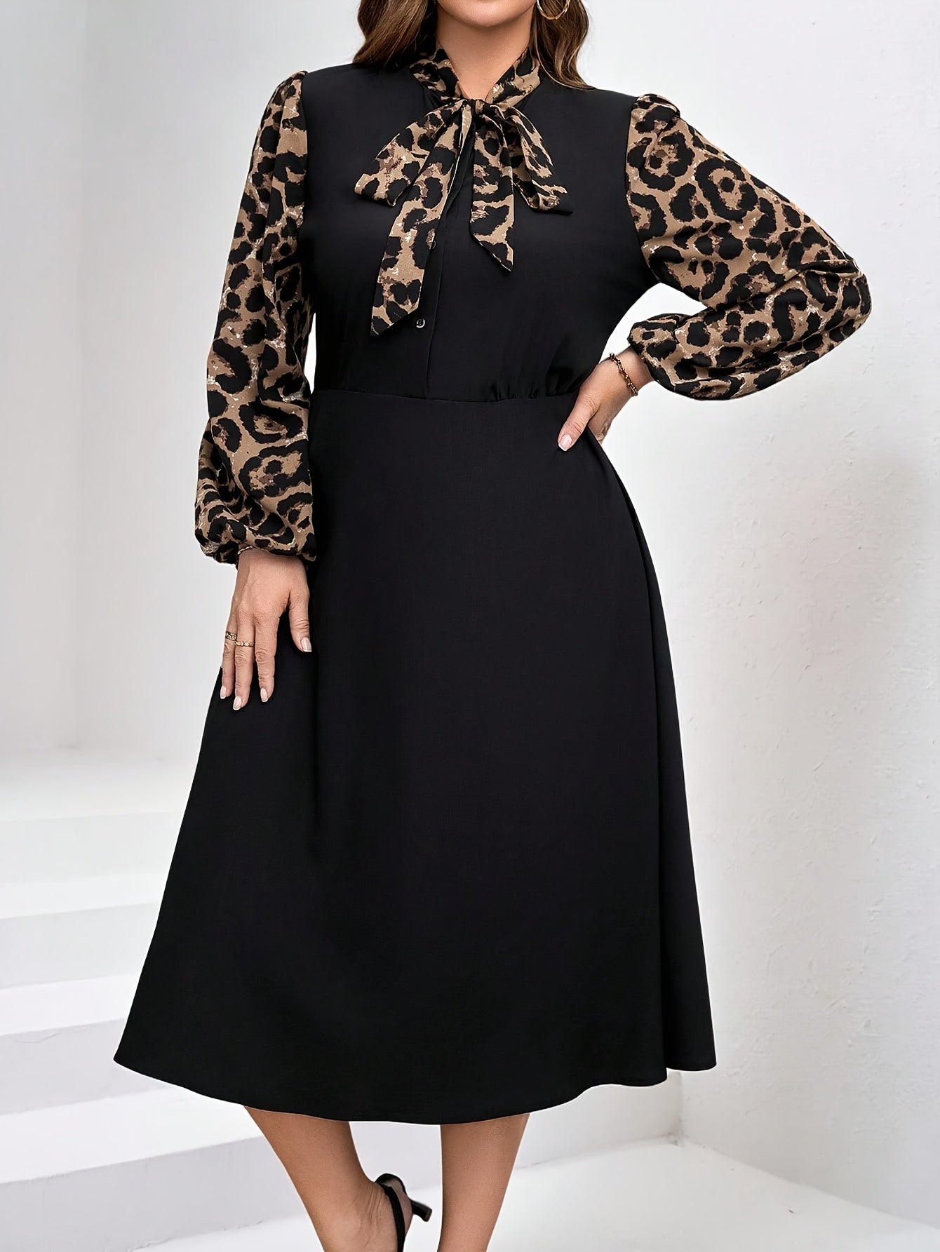 Plus Size - Plus-Size Black Leopard Print Patchwork Dress, Elegant for Everyday Wear, Suitable for Autumn And Winter.