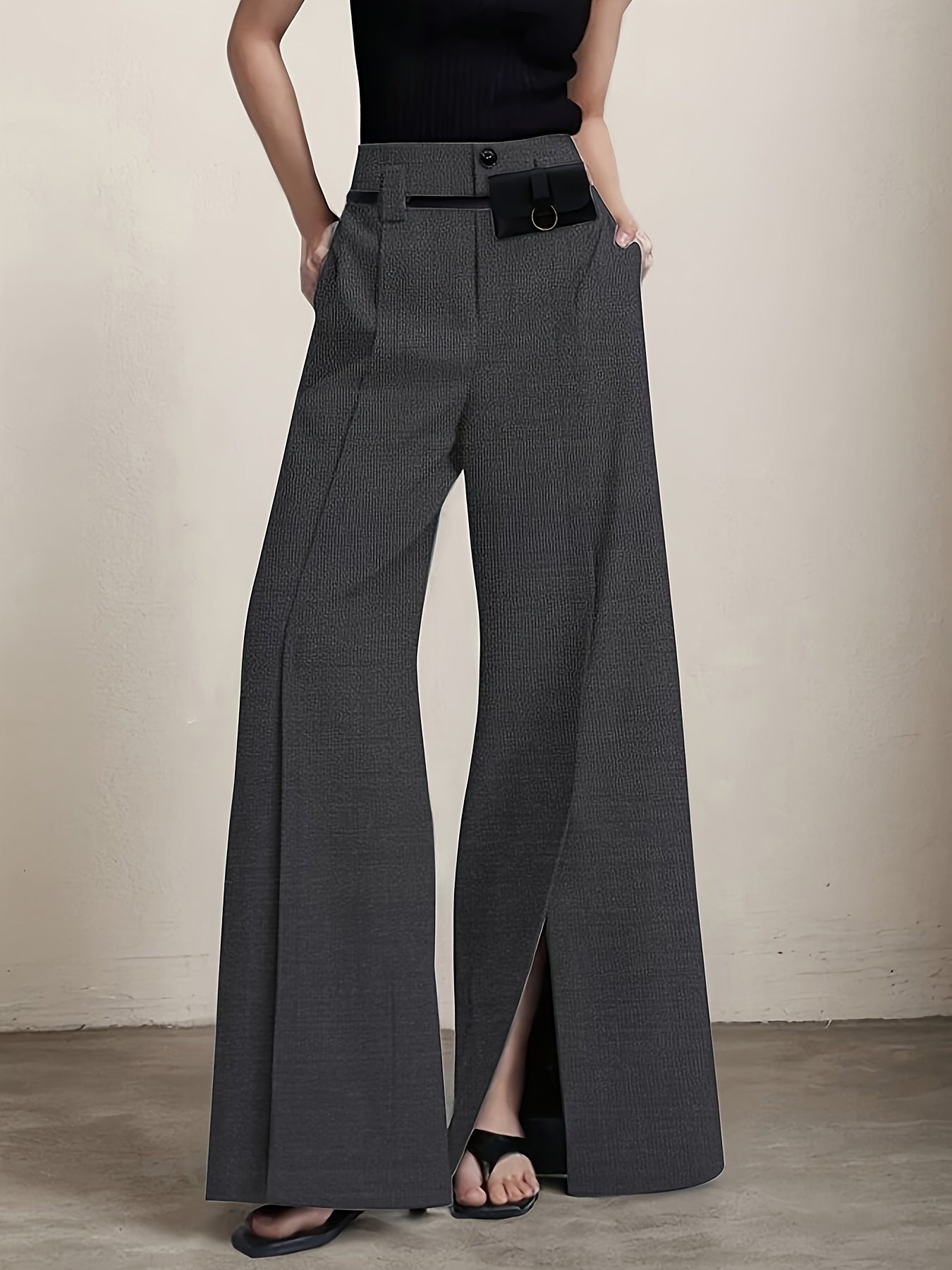 Pantalon Femme Élégant Jambe Large – Polyester, Couleur Unie, Fente Avant et Poches, Fermeture Zippée, Confortable, Automne/Hiver