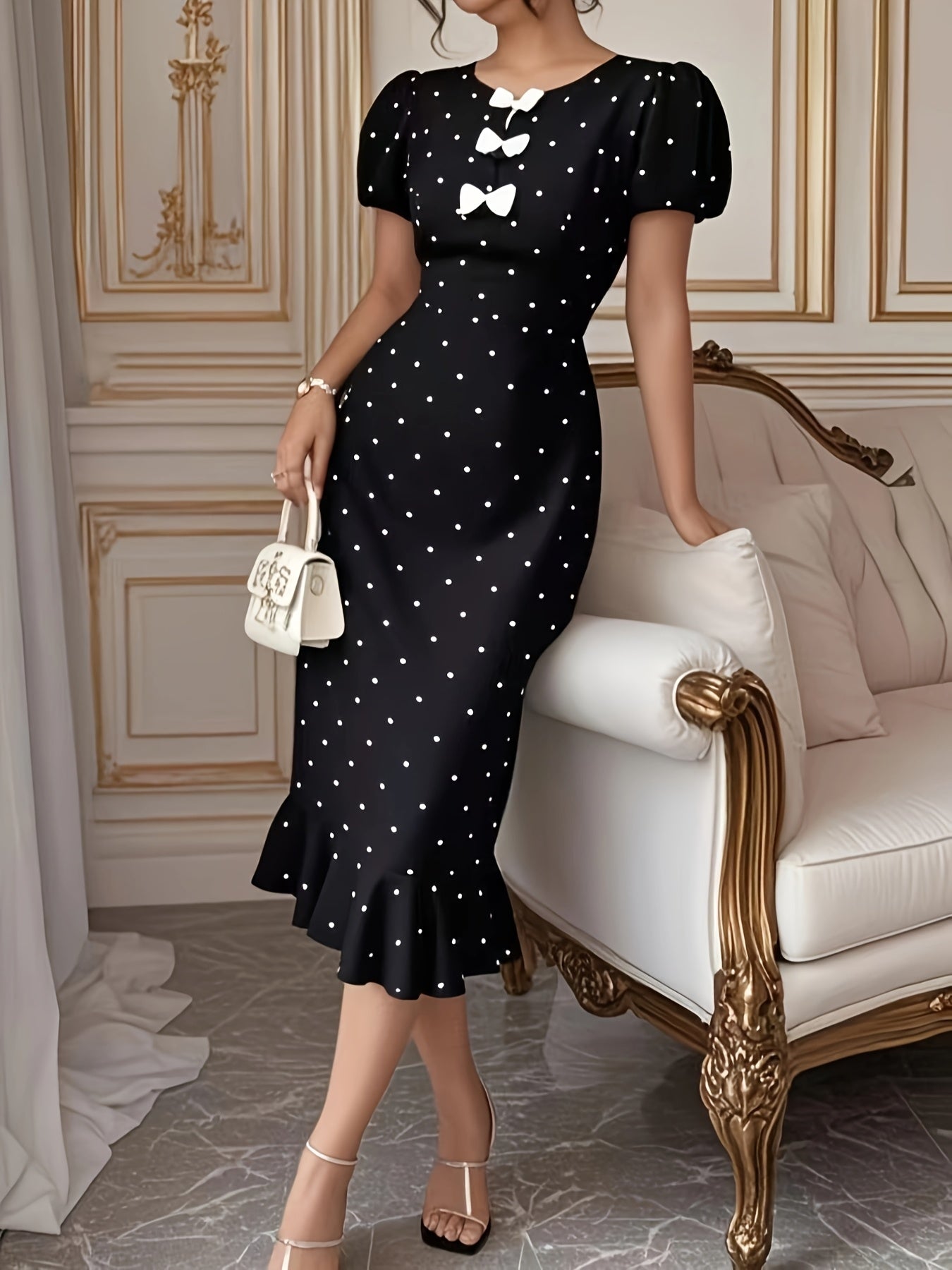 The Elegant Dress with Lantern Sleeves, a Bow, And Ruffled Polka Dot Print Is Perfect for Spring And Summer.