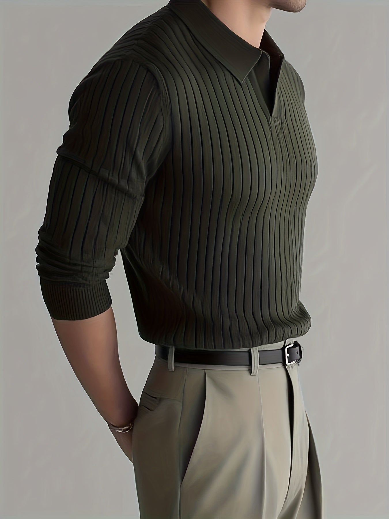 Iron Genghis OBM Men's Casual Long Sleeve Knit Sweater - Solid Color Ribbed Collar & Cuffs, High Elasticity Ribbed Texture, Regular Fit Autumn Winter Pullover, Ribbed Sweater, Everyday Pullover, Stylish Pullover, Highelastici