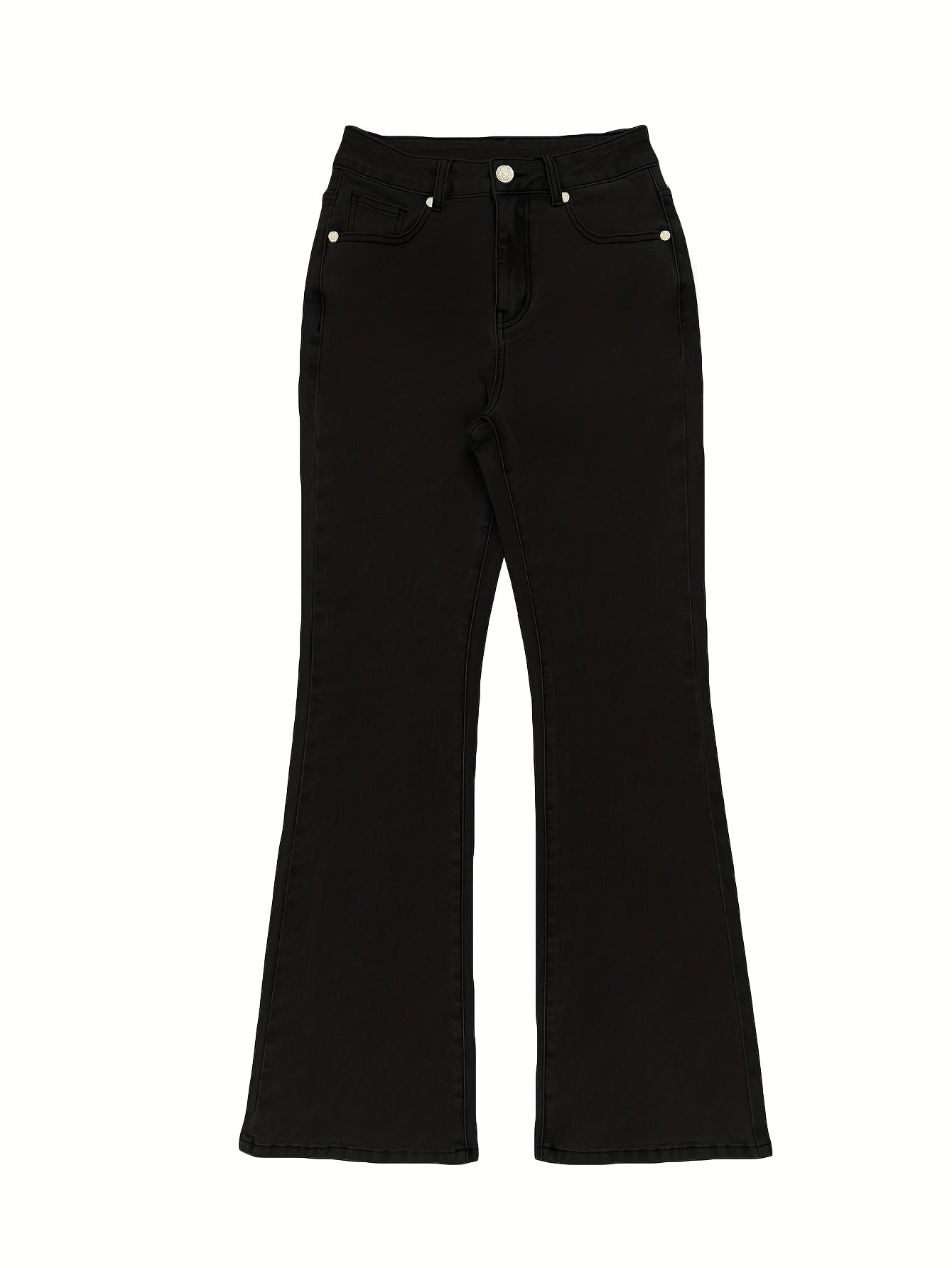 Jean Femme Grande Taille Noir Élégant – Taille Haute, Tissu Extensible, Fermeture Avant à Boutons, Confort Toutes Saisons, Style Décontracté, Coupe Évasée