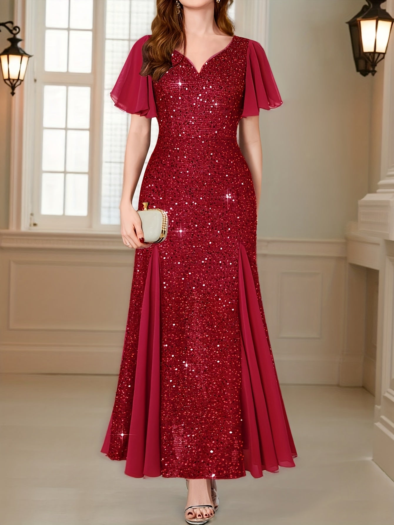 Women'S Elegant Sequin Lace Evening Maxi Dress with Sweetheart Neckline & Ruffle Sleeves - Floor-Length Formal Party Wedding Guest Dress in Navy Red/, All-Season Luxury Bridesmaid Gown for Galas & Special Occasions, Wedding D