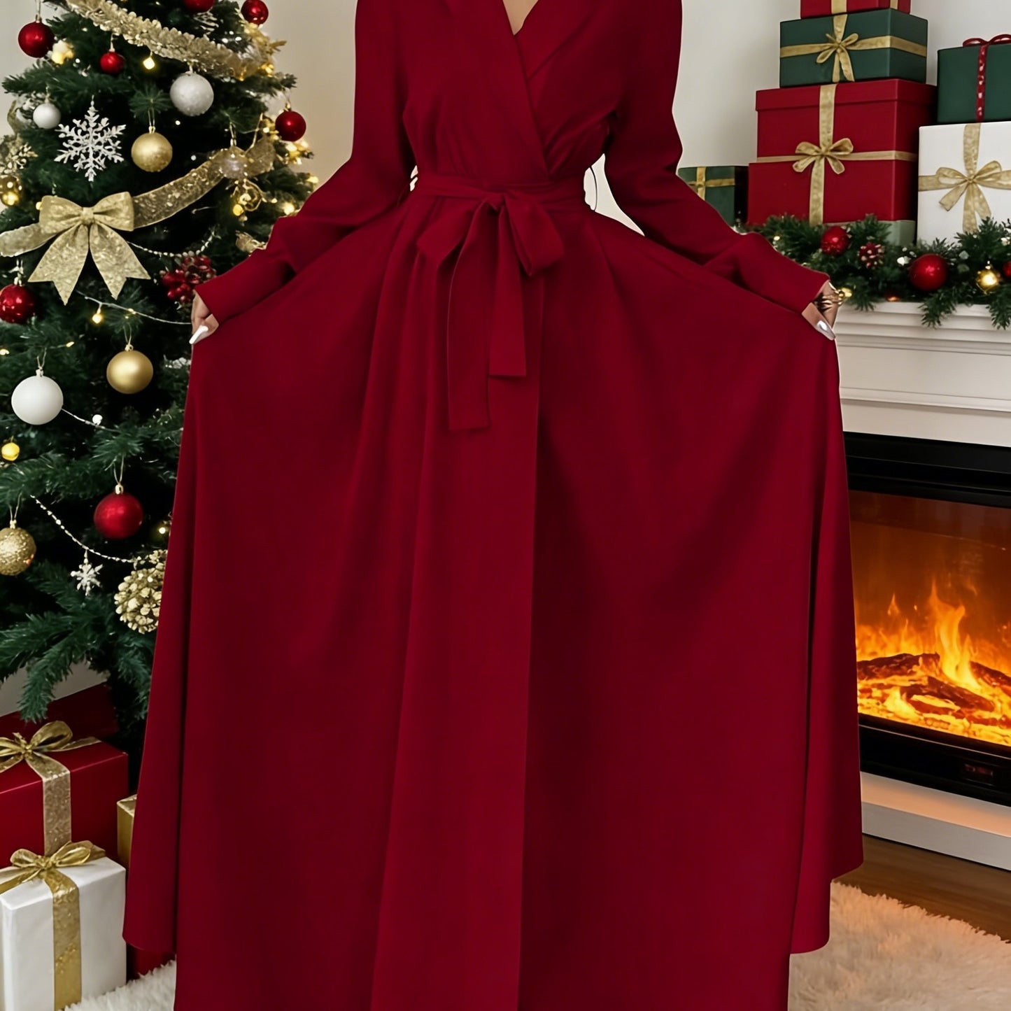 Women's Elegant A-Line Maxi Dress with Collar & Lace-Up Waist - Solid Color Formal Wedding Party Dress, Long Sleeve Flowing Flared, Machine Washable (Elegant Special Line Collection)