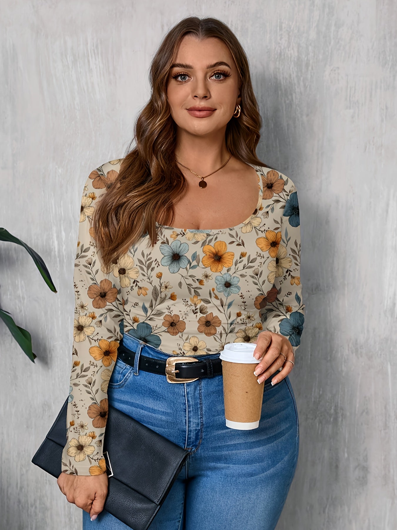 T-shirt grande taille pour femmes, col carré, imprimé floral, tissu extensible, toutes saisons, tenues décontractées ou formelles