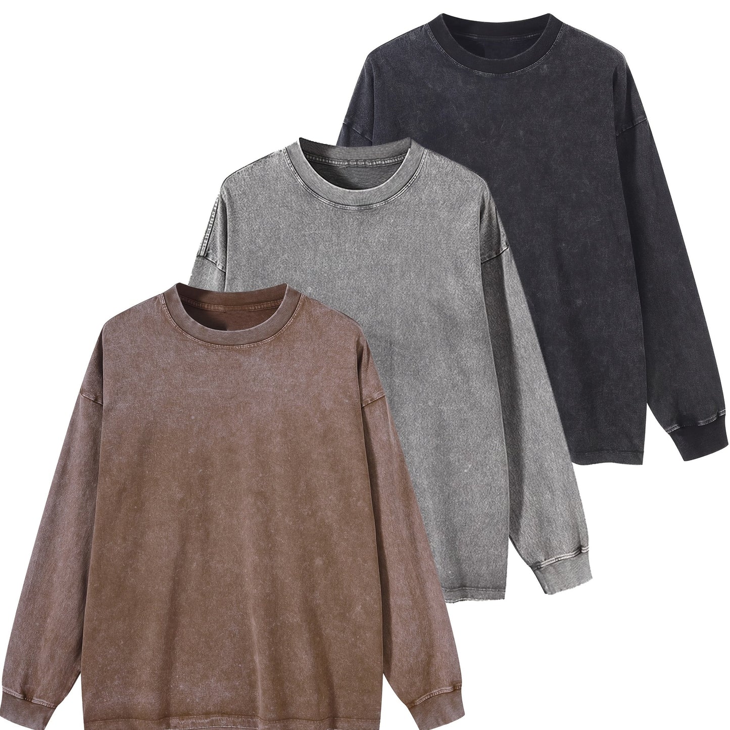 Lot de 3 t-shirts unisexes printemps/automne/hiver – manches longues, col rond côtelé, 240 g, coton pur lourd, style vintage usé délavé, tendance pour couples, nouveau