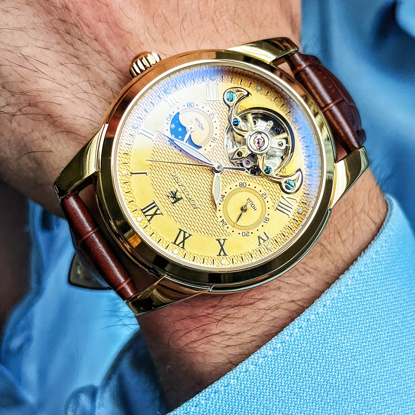 Luxury Automatic Mechanical Watch for Men - Fashionable and Versatile Casual Style - Light Luxury High-end Sun, Moon, Stars 24-Hour Function - Automatic Winding Luminous Hands - Business Demeanor Style - Gift for V