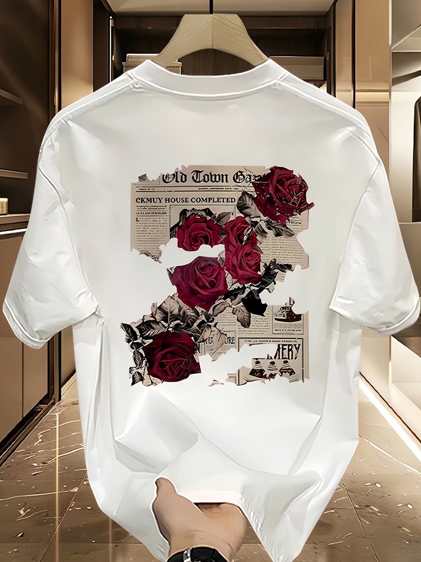 Men'S Heavyweight T-Shirt - Black Graphic Tee with Red Roses & Newspaper Print, Loose Fit Casual Shirt for Everyday & Formal Outfits - Breathable Summer Top for Teens & Adults - Everyday Essential Wardrobe Staple, Relaxed Out