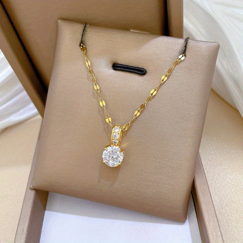 Collier pendentif en acier inoxydable plaqué or – zirconia synthétique micro-incrusté, chaîne réglable minimaliste tendance, bijou cadeau pour femme