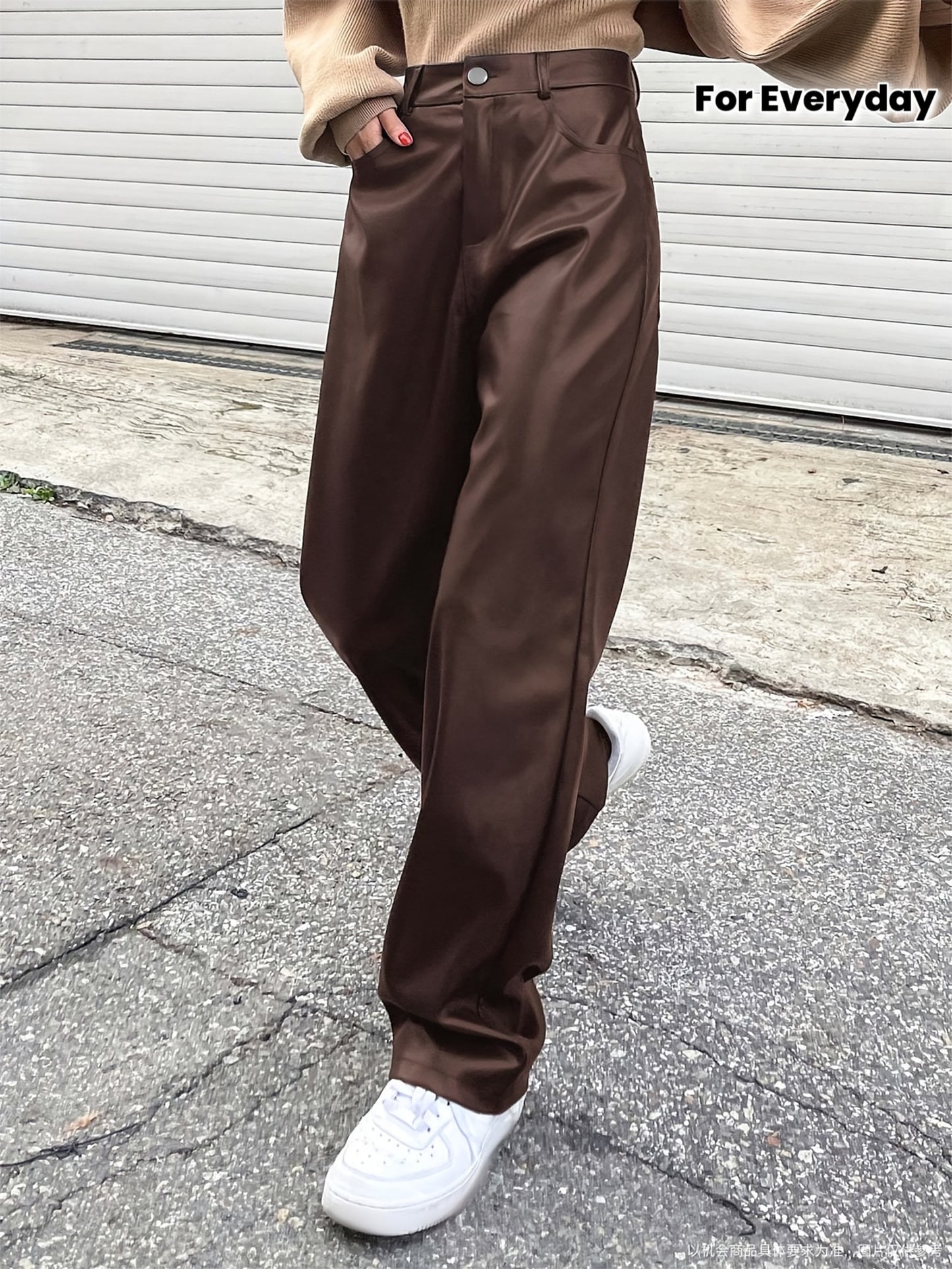 Pantalon Femme Taille Haute – Jambe Droite Marron, Élégant, Bureau et Décontracté, Poches Latérales, Extensible, Tous Saisons