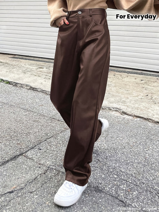 Pantalon Femme Taille Haute – Jambe Droite Marron, Élégant, Bureau et Décontracté, Poches Latérales, Extensible, Tous Saisons