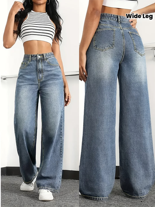 Jeans Taille Haute Jambe Large Couleur Unie Extensible Boutons Confortables Toute Saison Polyvalents