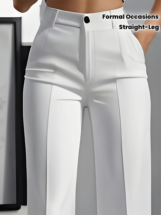 Pantalon Femme Élégant Blanc – Jambe Droite, Taille Haute avec Boutons, Tous Saisons, Bureau et Décontracté