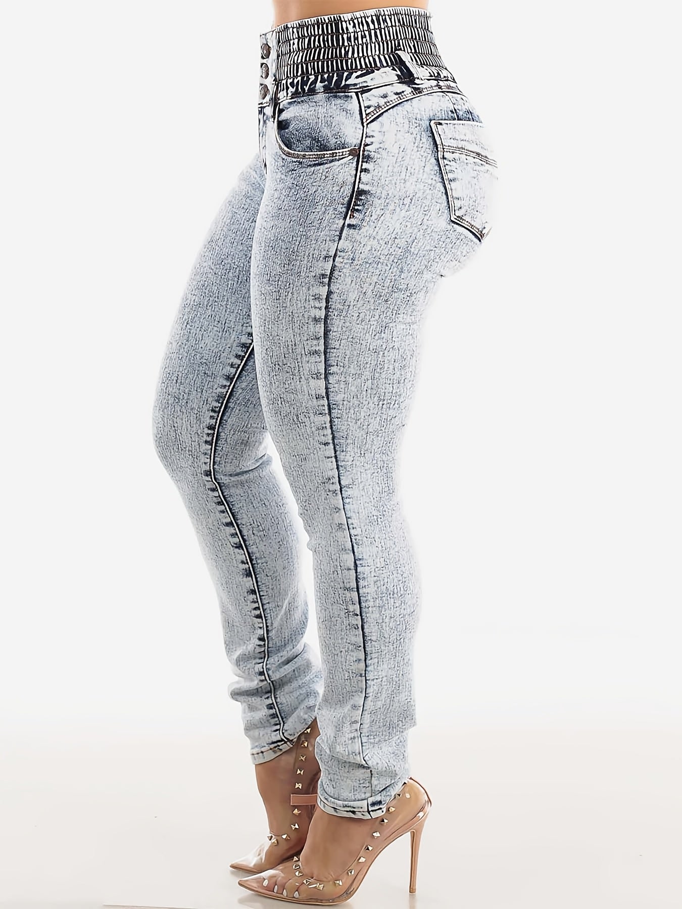 Jean skinny taille haute pour femme, denim uni à effet flocons, style urbain, toutes saisons, tissu stretch, tissage serré, ceinture à 3 boutons avec ceinture intégrée
