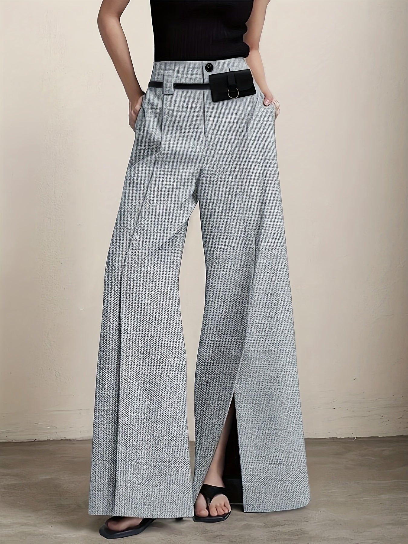 Pantalon Femme Élégant Jambe Large – Polyester, Couleur Unie, Fente Avant et Poches, Fermeture Zippée, Confortable, Automne/Hiver