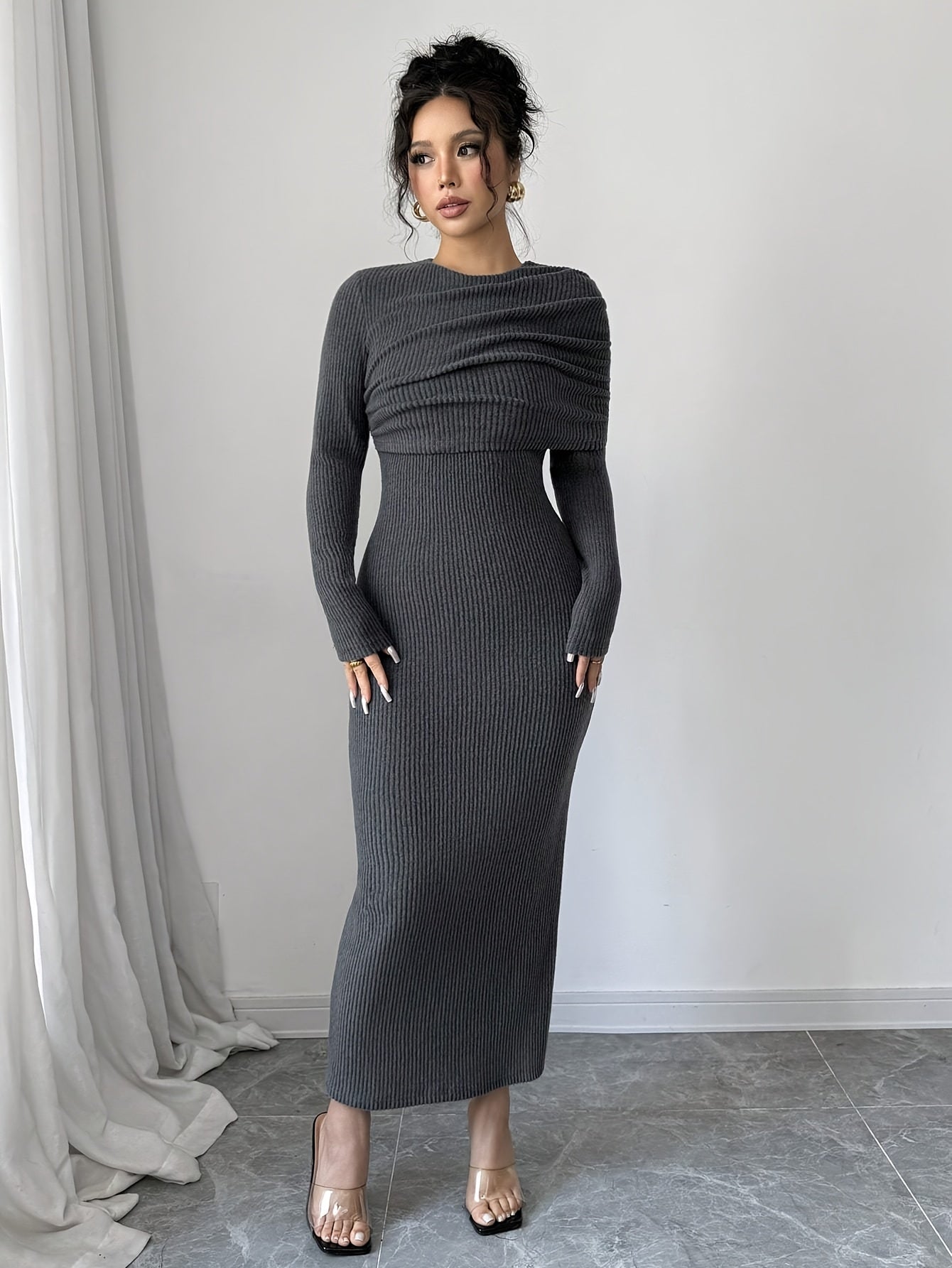 Robe Longue Moulante Femme – Manches Longues, Élégante et Polyvalente, Coupe Flatteuse pour Soirées, Bureau et Quotidien, Robe de Soirée Toutes Saisons, Fente Haute, Couture de Qualité, Tenue Chic pour Amatrices de Mode