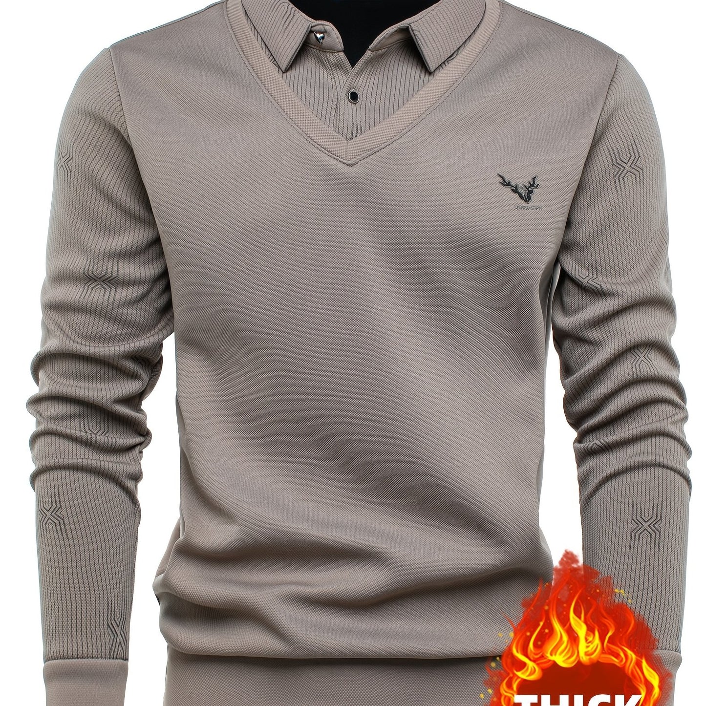 New Autumn And Winter Men'S Long-Sleeve Thickened Fleece Top with a Faux Two-Piece Design, Featuring a Deer Head Label, Stylish Pinstripe Pattern, Warm And Soft for Cold Weather, Perfect for Outdoor Activities, And a Great Gi