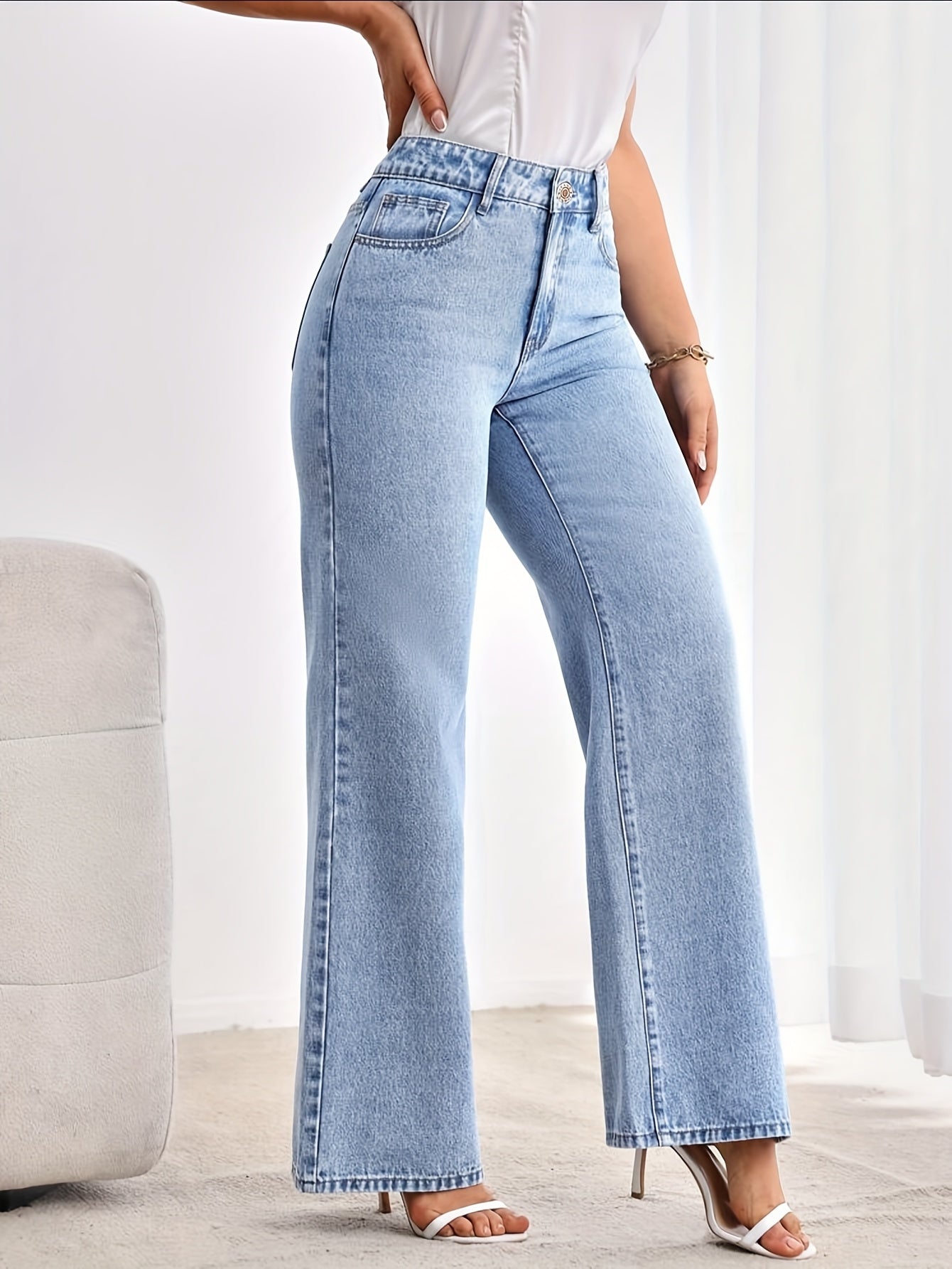 Jeans Femme Taille Haute Extensible Jambe Large Bleu Clair Coupe Ample Décontracté Toute Saison Confortable Effet Usé