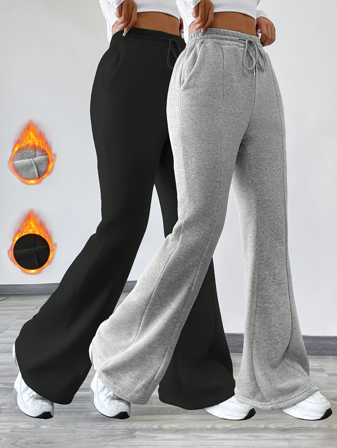 Ensemble Deux-Pièces Femme – Pantalon Évasé Taille Haute, Doublé Polaire, Taille Élastique avec Cordons et Poches