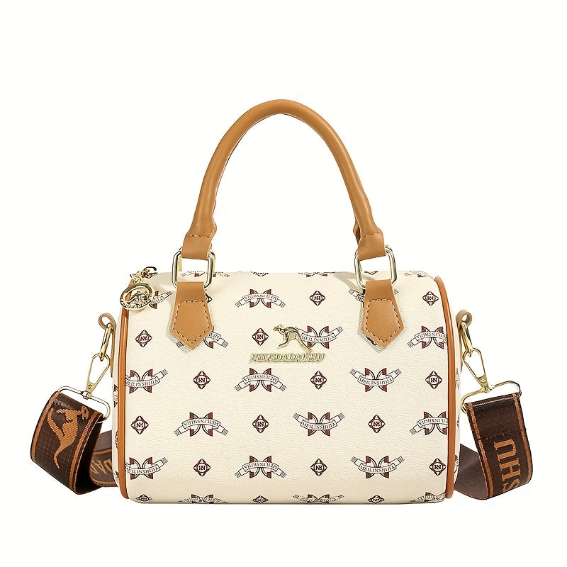 Sac vintage géométrique – sac élégant bicolore marron et blanc, bandoulière réglable, fermeture éclair, design rétro chic