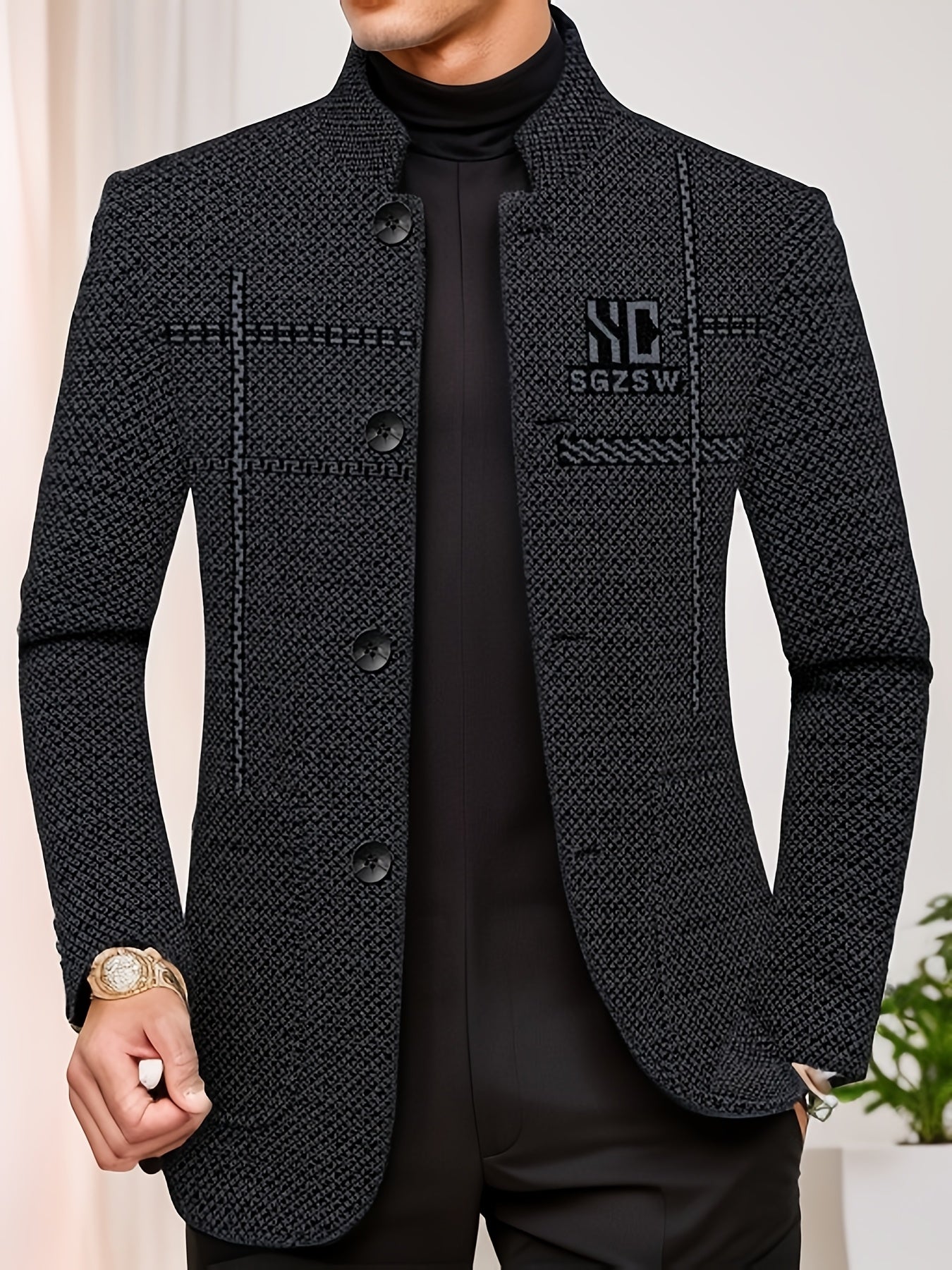 Men'S Stand Collar Business Casual Jacket | Non-Stretch Fabric, Alphabets Pattern, Long Sleeve, Single Breasted, Regular Fit for Spring/Fall