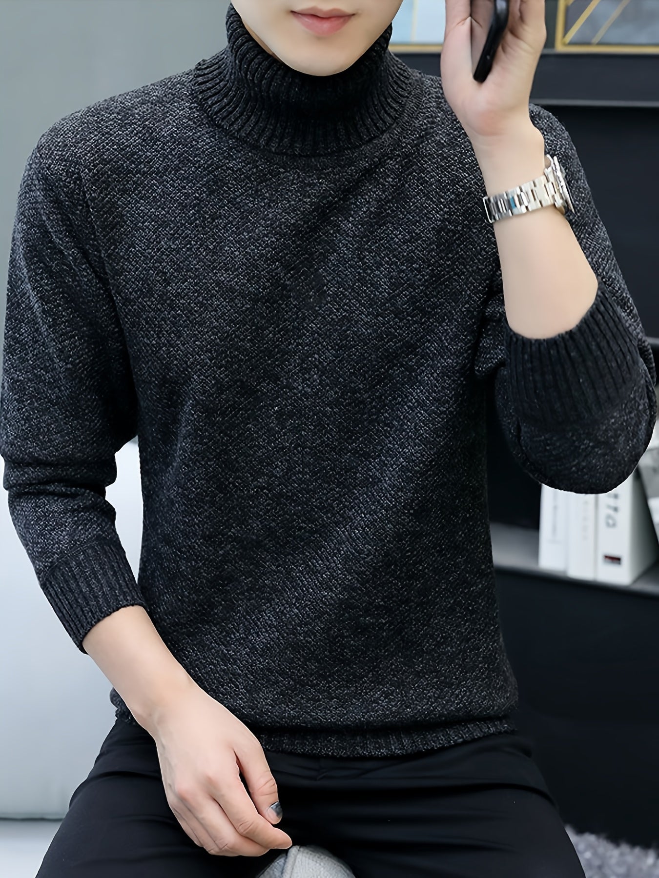 Men'S High-Neck Thickened Fleece Sweater for Autumn And Winter, Casual Pullover Knit Top.