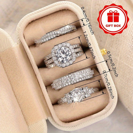 4pcs Women'S Zirconia Stone Ring, The Overall Material Is Alloy, Women'S Ring Set,Very Shiny, Suitable for Wedding Wear, Attendance Event Collocation, Daily Fashion Commuting, Banquet Accessories