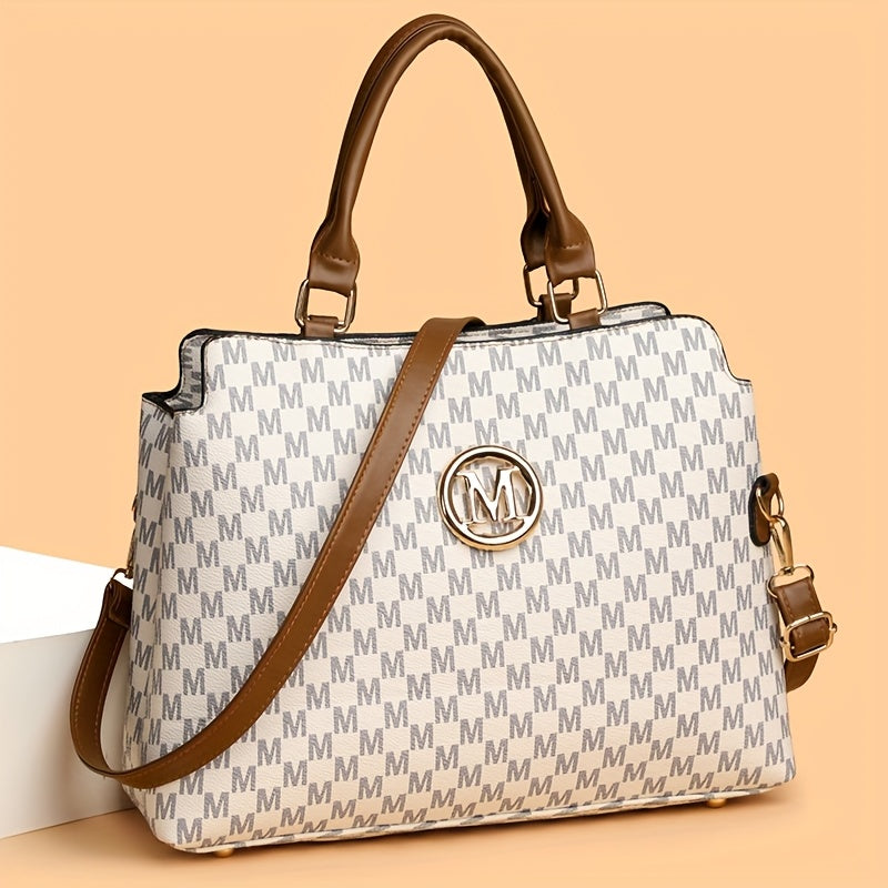 Sac rétro Pied-de-poule femmes blanc et marron logo doré M bandoulière réglable élégant