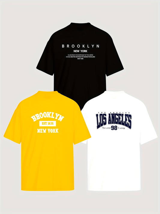 Three-Piece Set: Men's Casual Fashion BROOKLYN, LOS ANGELES Print Drop Shoulder Short Sleeve T-Shirt, Comfortable and Versatile