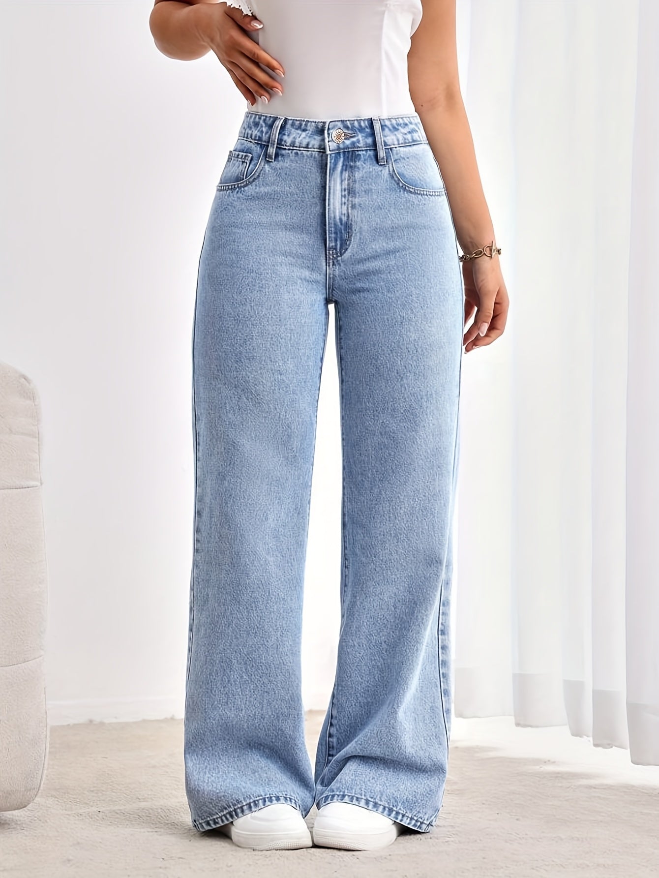 Jeans Femme Taille Haute Extensible Jambe Large Bleu Clair Coupe Ample Décontracté Toute Saison Confortable Effet Usé