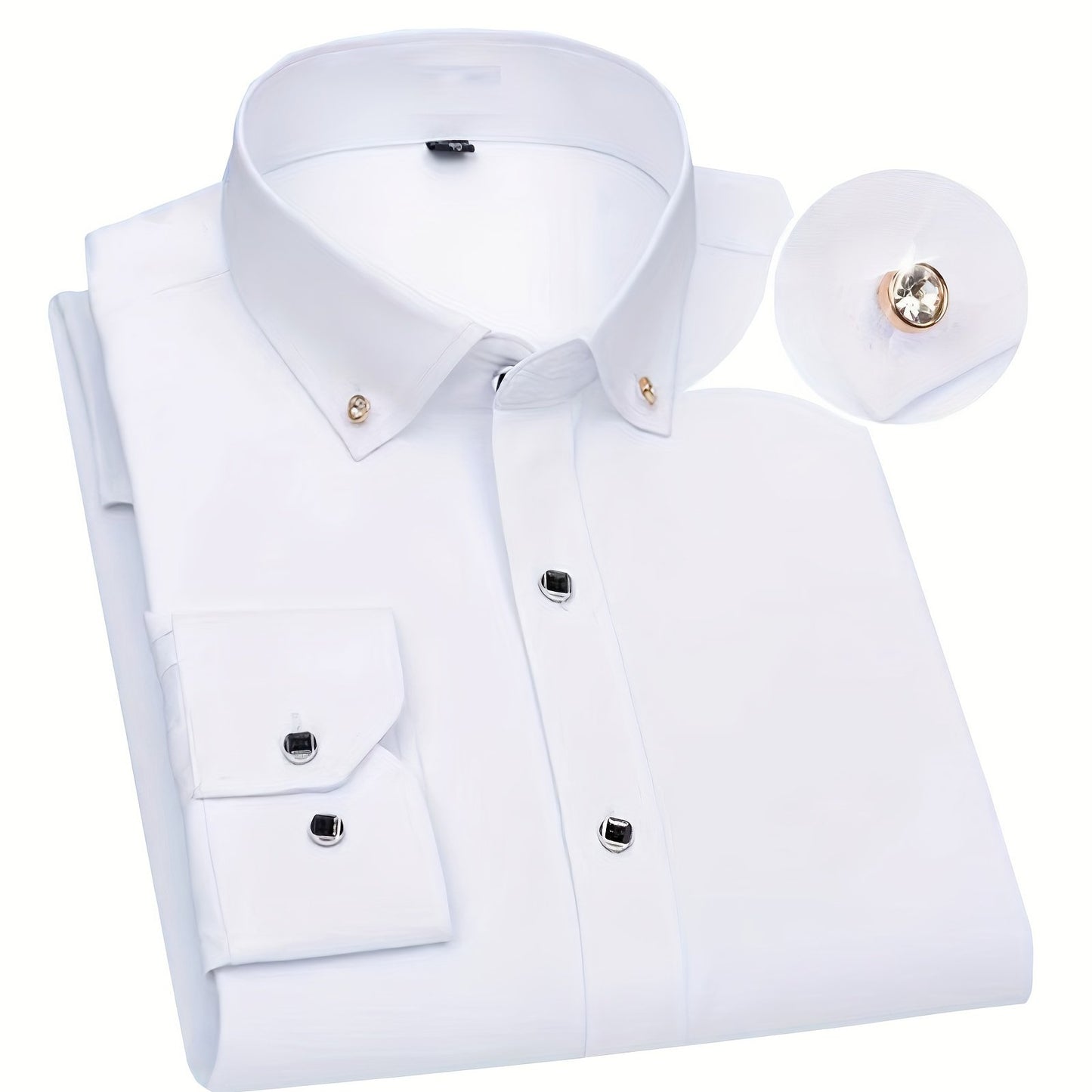 Spring and Autumn Long-Sleeve Shirt for Men, Stylish Business Casual Wrinkle-Resistant Dress Shirt with Diamond Buttons, Regular Fit Solid Color
