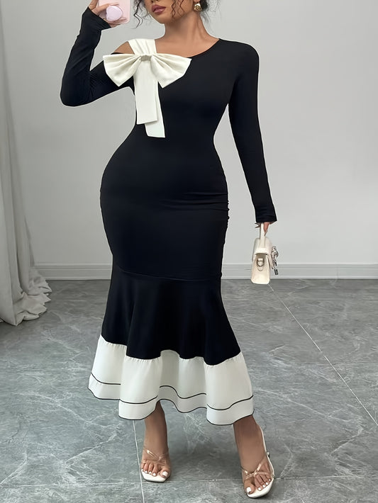 Robe Longue Grande Taille Élégante – Color Block Noir et Blanc, Détail Nœud, Tissu Extensible, Idéale Printemps/Automne, Tenues Décontractées ou Formelles, Jupe à Couches