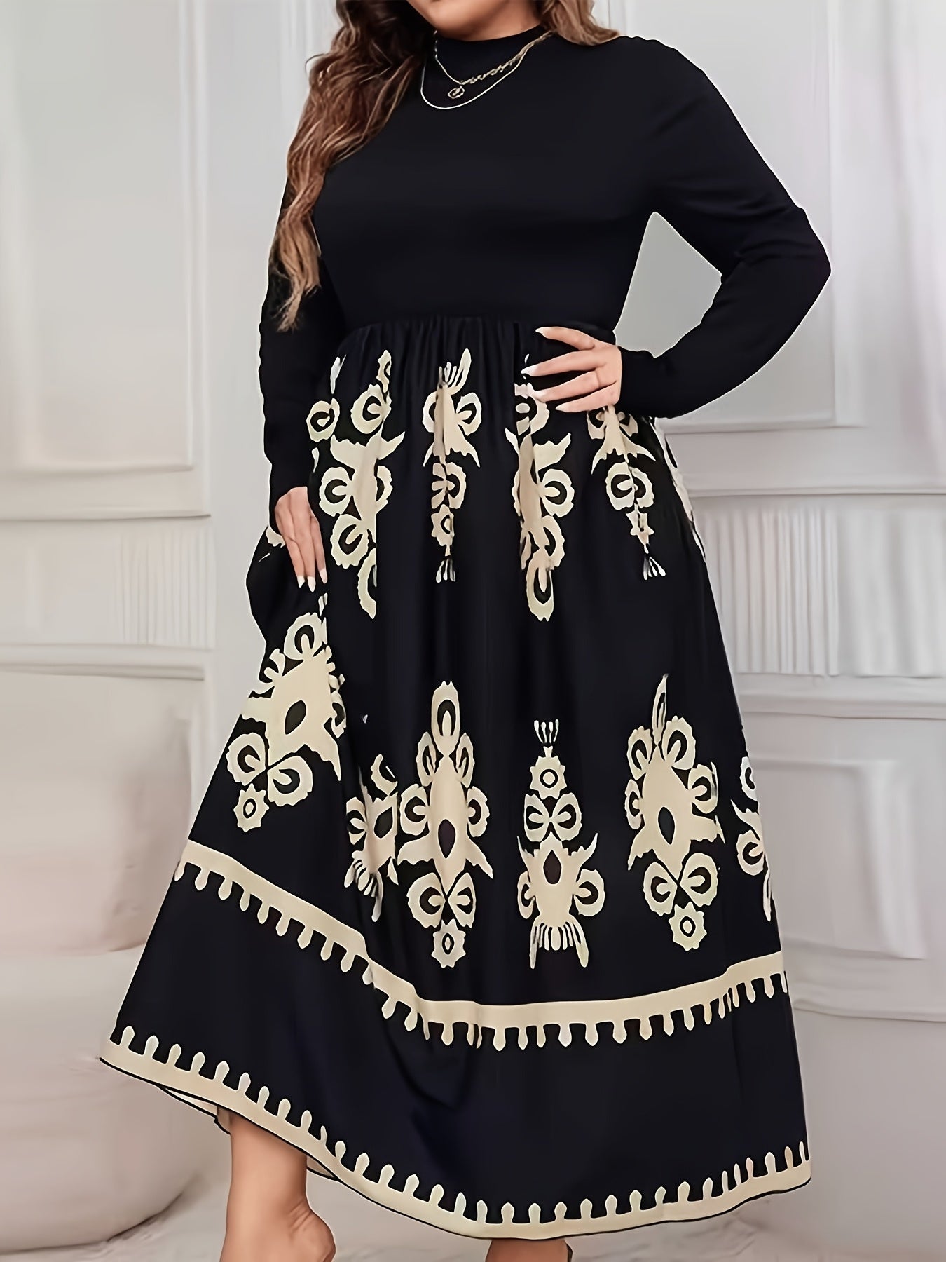 Robe Longue Grande Taille Élégante – Noir à Imprimé Floral, Col Rond, Manches Longues, Coupe A-Ligne, Idéale Mariages, Soirées, Prom et Événements Formels, Lavable en Machine