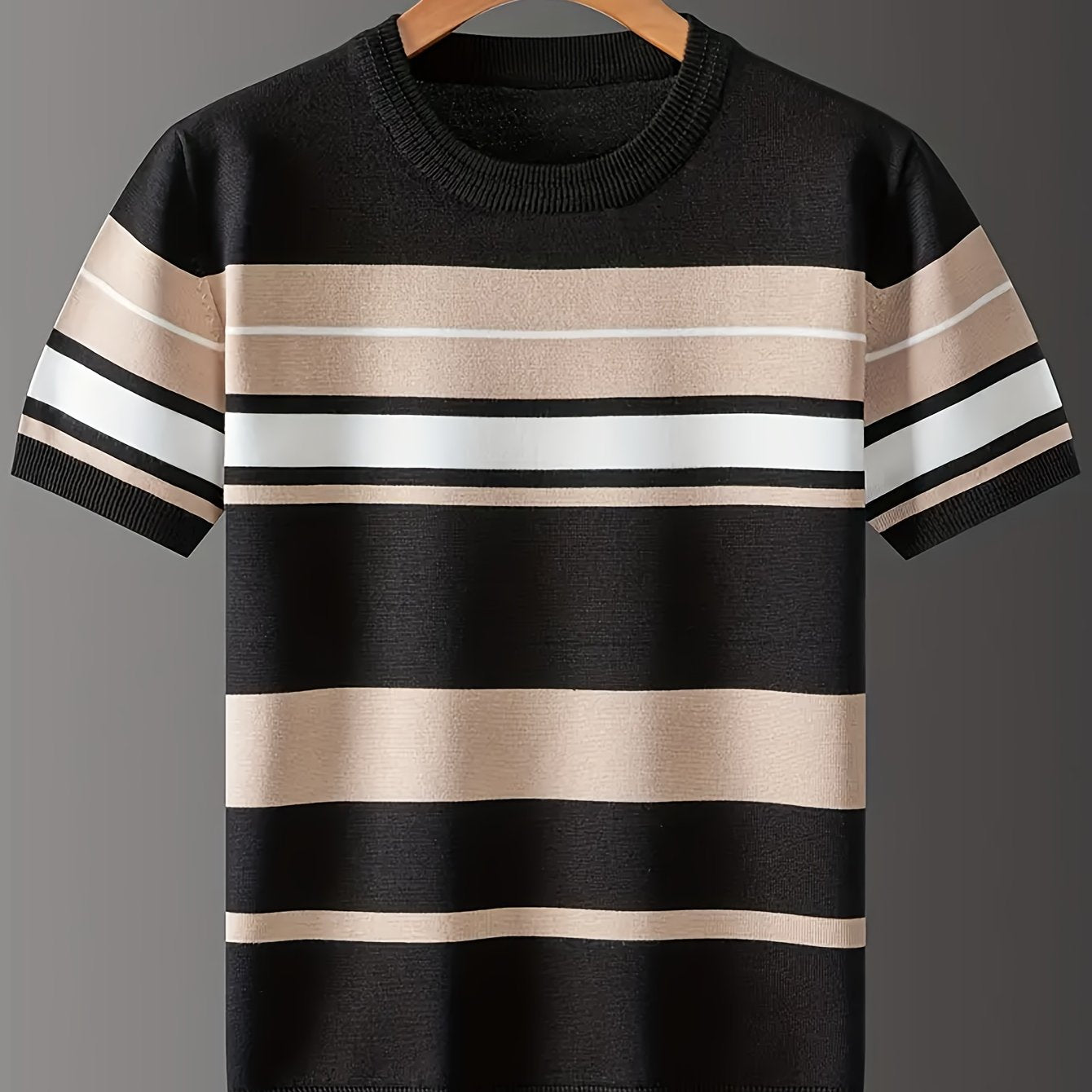 New Men'S Short-Sleeve Knitted T-Shirt for Summer, Trendy Brand with a Round Neck, Stylish Casual Striped Tee, Fashionable Men'S Clothing.