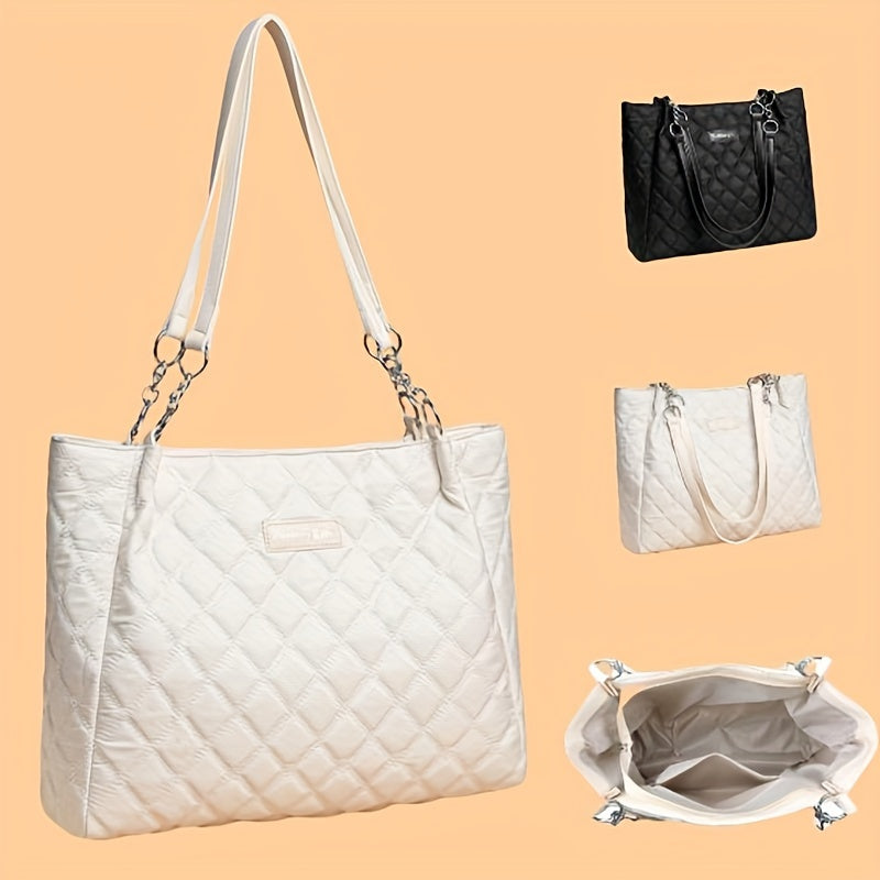 Sac fourre-tout élégant pour femmes – grande capacité, motif losange, nylon résistant, fermeture éclair, bandoulière fixe, idéal travail, voyage ou shopping