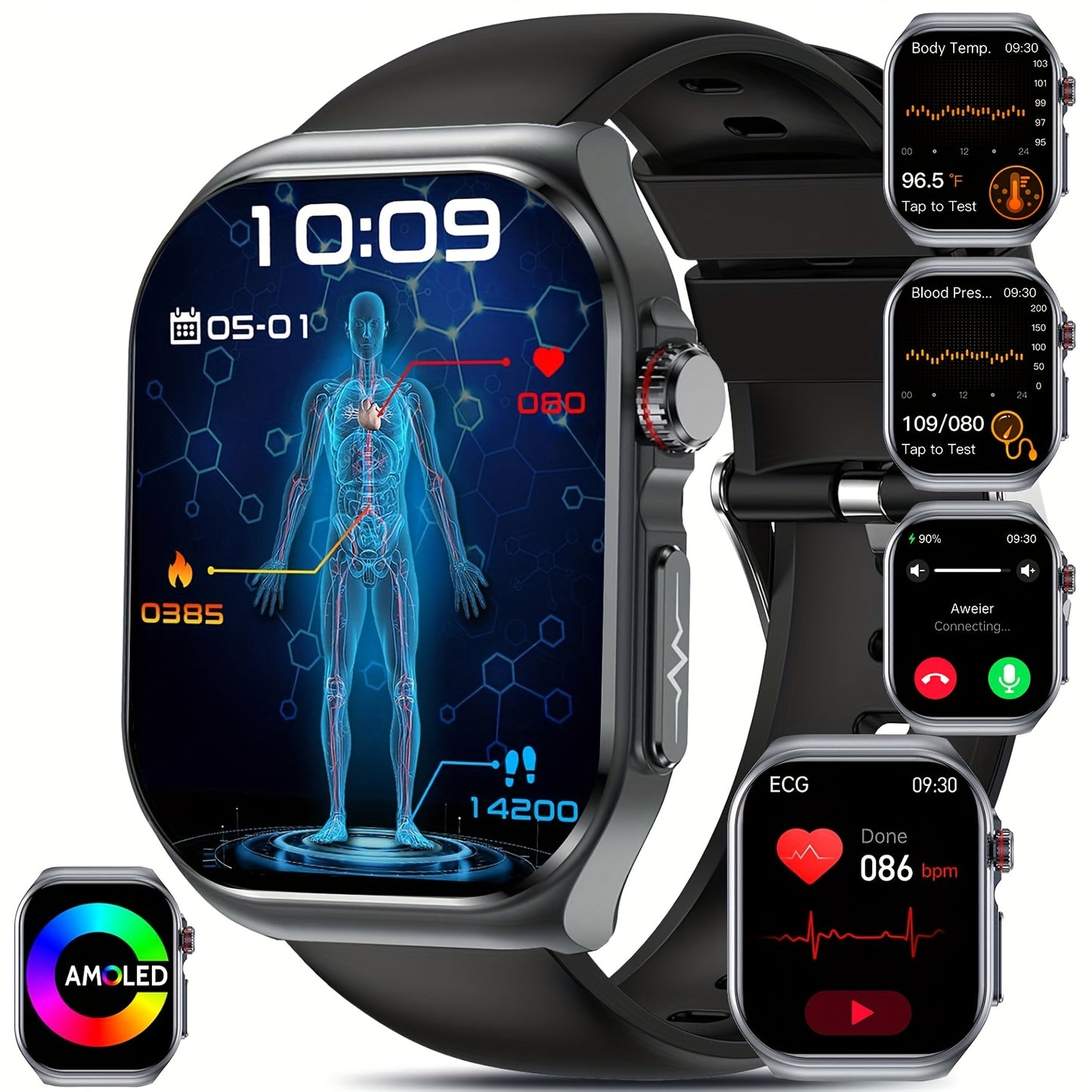 Nouvelle montre connectée 2025 : grand écran AMOLED de 5,18 cm, batterie longue durée 530 mAh, appels Bluetooth 5.3, modes multisports, assistant vocal, SOS, suivi menstruel, prévisions météo, montre de suivi fitness compatible Android et iOS