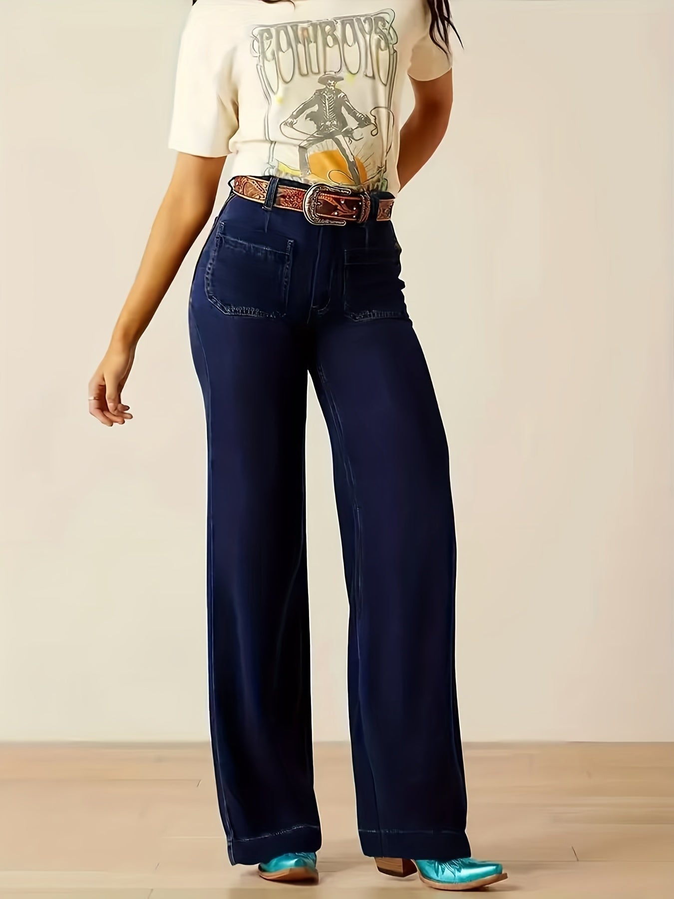 Jeans Femme Jambe Large Extensible Non Transparent Bleu Foncé Effet Usé Zippé Toute Saison Polyvalent Élégant