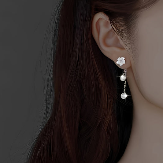 1 paire de boucles d’oreilles pour femmes, élégantes et classiques, motif fleur de cerisier avec pampilles, plaqué argent 925, idéal cadeau pour anniversaires, mariages, rentrée scolaire, Saint-Valentin, printemps/été.