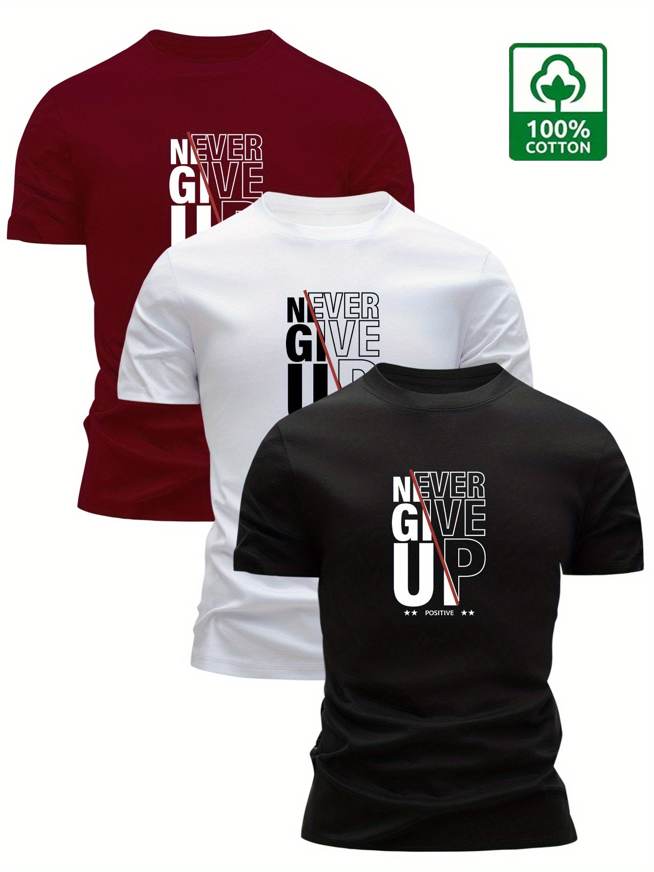 3pcs Men's 100% Slim Fit T-Shirts - Never Give Up Motivational Lettering Print, Breathable Summer Tees with Bold White & Black Lettering, Gym & Everyday Casual Wear, White/Gray/Black with Red Accent - Motivational Apparel for