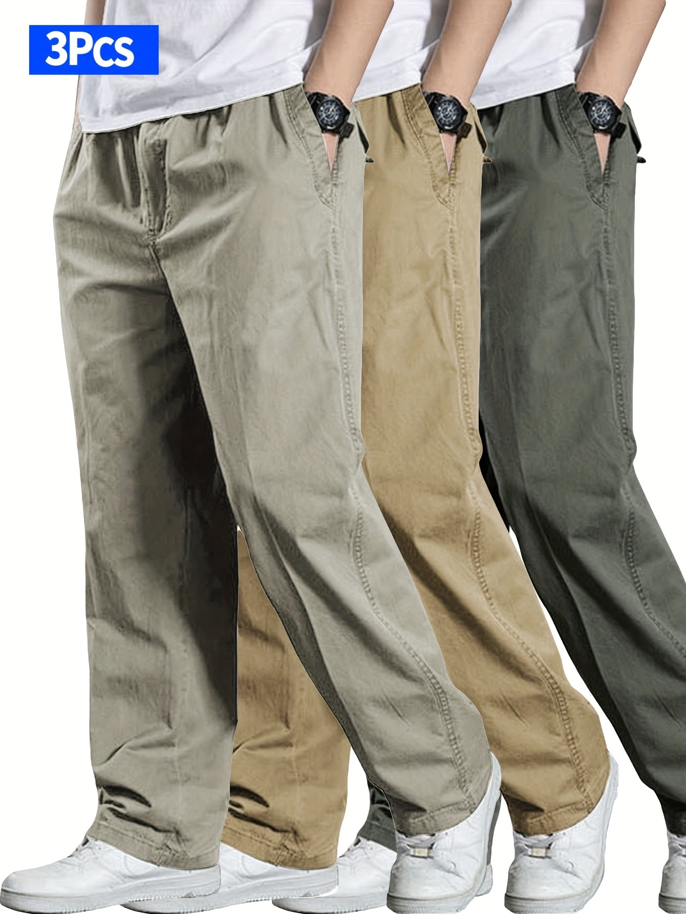 Lot de 3 Pantalons Cargo Homme – Taille Élastique à Cordon, Coupe Ample, Couleurs Unie, Poches, Printemps/Automne