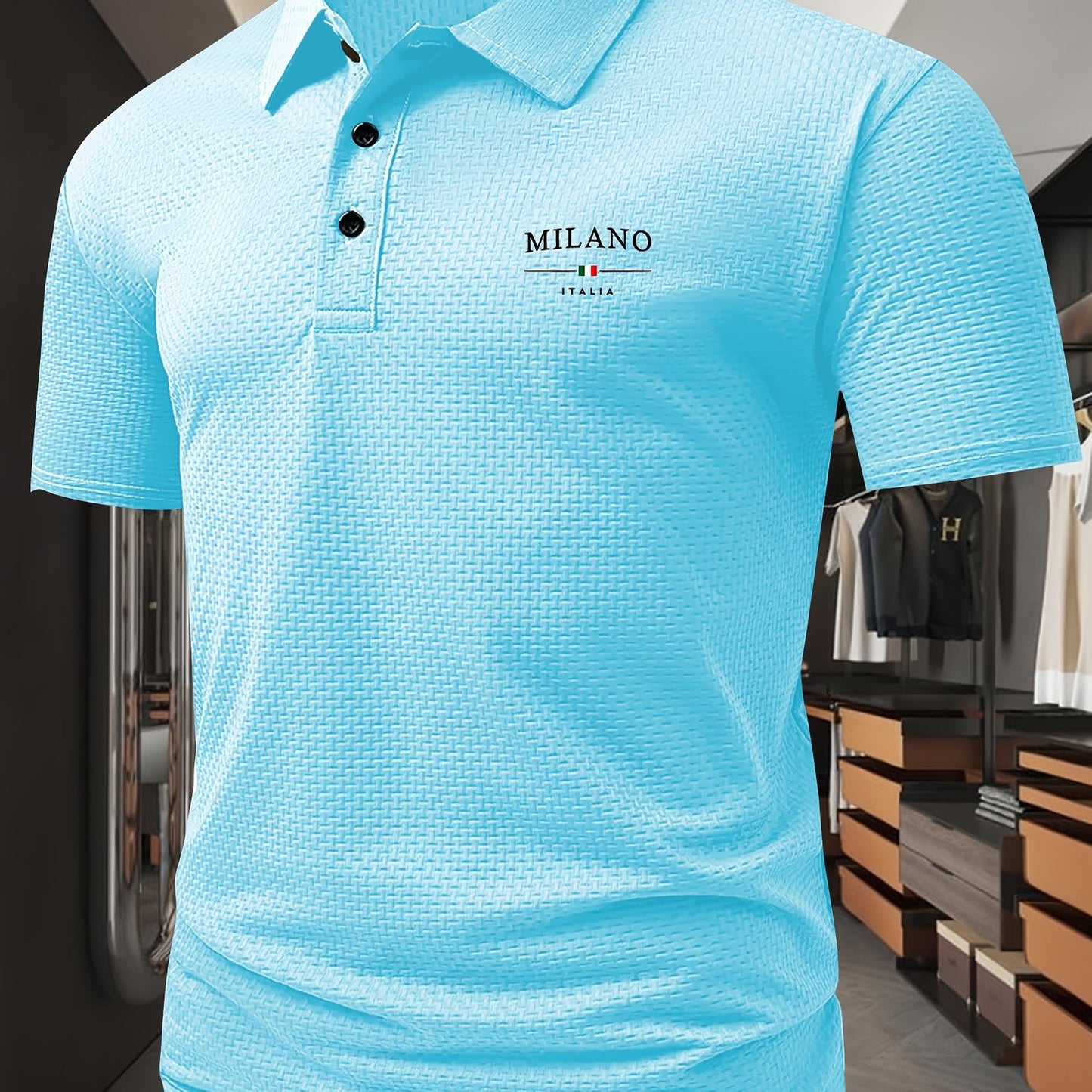 Milano Men'S Casual T-Shirt - Breathable Regular Fit Short Sleeve Shirt with Geometric Print, Button-Up Collar for Summer Comfort & Casual Attire, Comfortable Clothing, Easycare Material