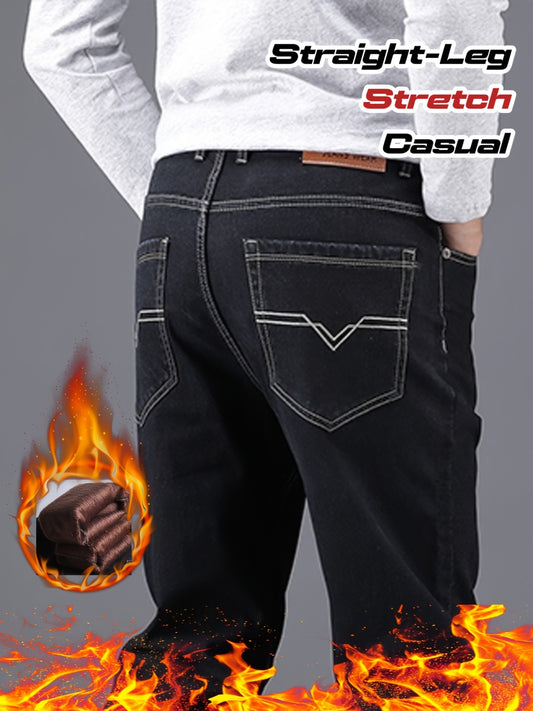 Jeans Hiver Homme – Épais, Polaire, Stretch, Jambe Droite, Noir, Casual & Business