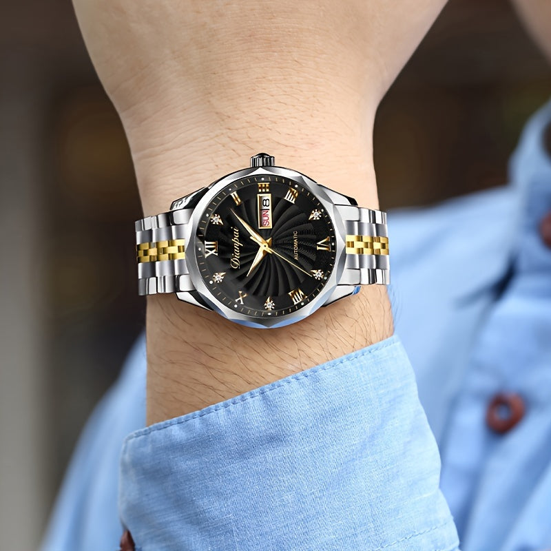 Men's Automatic Mechanical Watch with Luminous Dial, Waterproof, Roman Numerals & Date/Day Display, Golden-Tone Steel Band, Accents - Fashionable Dress Watch for Everyday & Formal Wear, Bling Watch, Formal Timepiece B