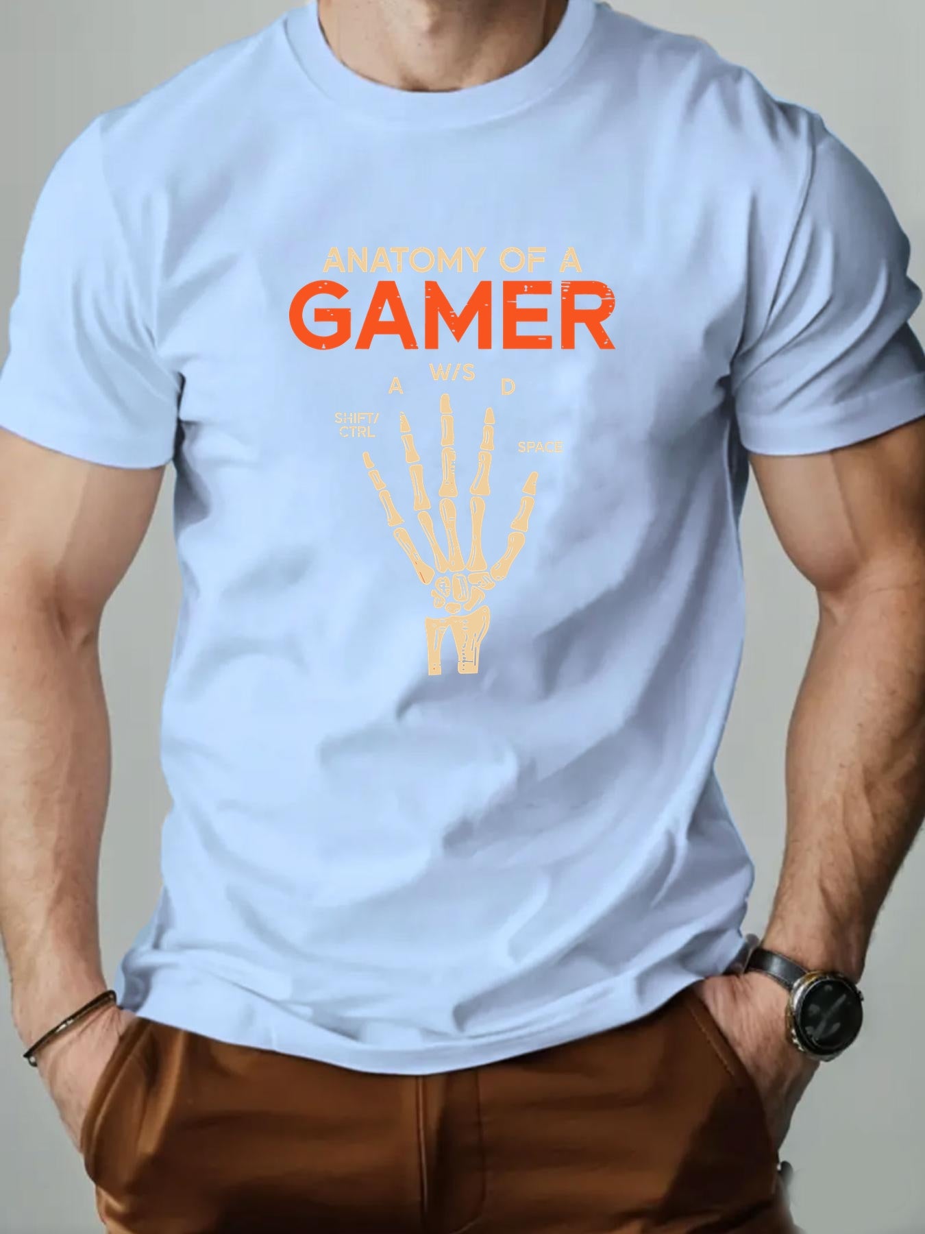 Men's Anatomy of a Gamer Graphic T-Shirt - Black Casual Short Sleeve Summer Tee with Skeleton Hand & Gaming Controls Design, Lightweight Round Neck Regular Fit for Adult Gamers, Gaming Shirt