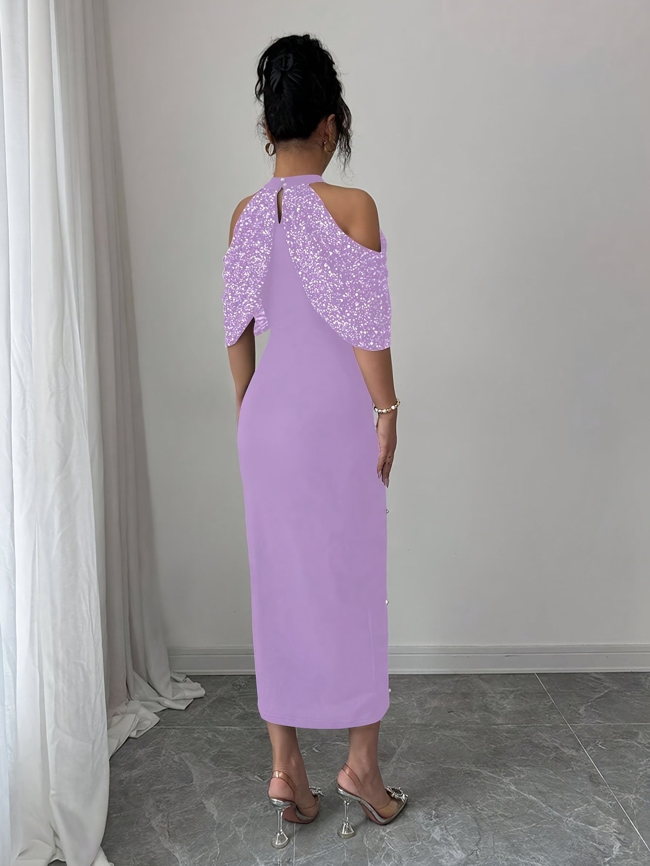 Pearl Bodycon Dress | Off-Shoulder Sequins + Back Cutout, an Elegant Evening Gown.